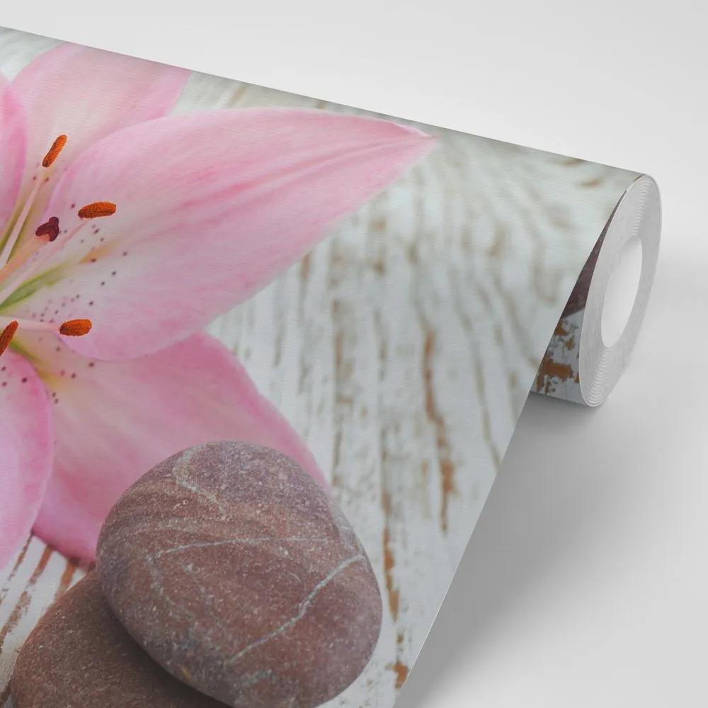 Samolepiaca fototapeta ružová ľalia a Zen kamene - 375x250