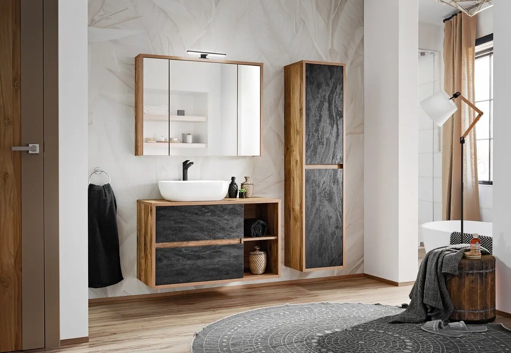 Kúpeľňová závesná skrinka vysoká Hampton Concrete 2D tmavý betón/dub hunton