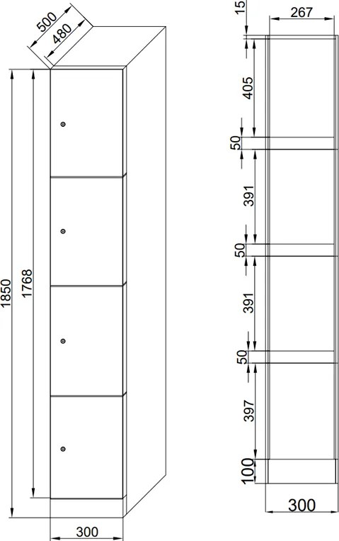 Šatníková skrinka S1 s úložnými boxmi, 4 boxy, 1850 x 300 x 500 mm, otočný zámok, laminované dvere, dub prírodný