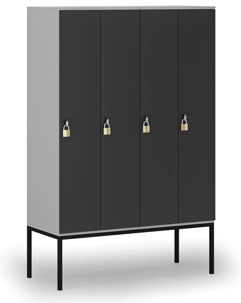 Drevená šatníková skrinka S4 s podnožou, 4 oddiely, 1871 x 1200 x 500 mm, demont, otočný zámok, sivá/grafit