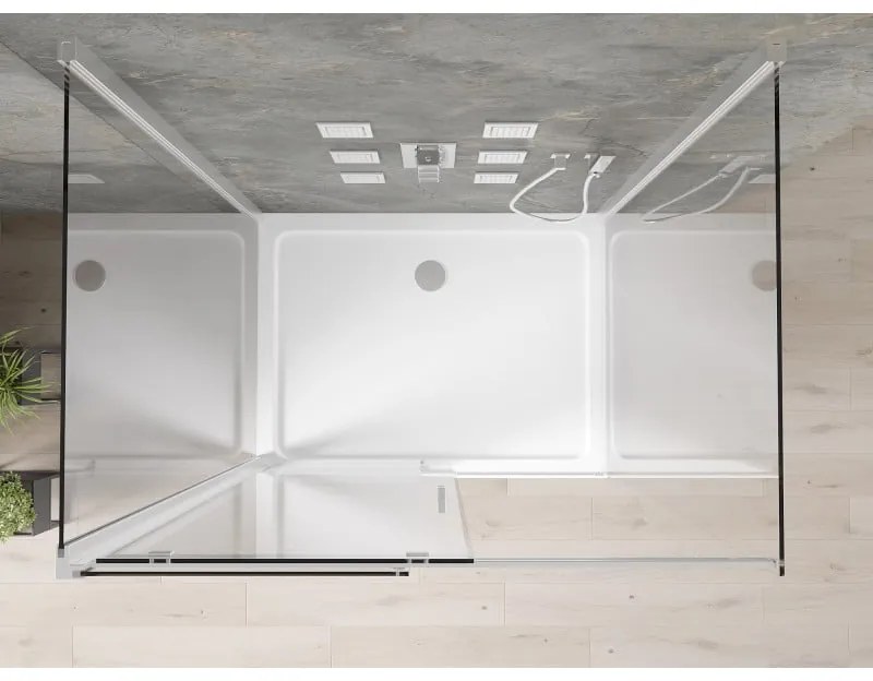 Mexen Omega, 3-stenový sprchovací kút s posuvnými dverami 130 (dvere) x 90 (stena) x 190 cm, 8mm číre sklo, chrómový profil + biela sprchová vanička SLIM, 825-130-090-01-00-3S-4010