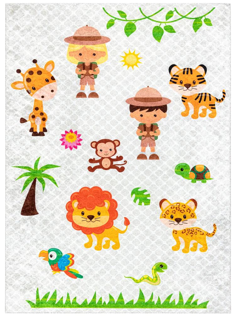 Prateľný protišmykový koberec JUNIOR 52104.801 Safari - zvieratká, sivý