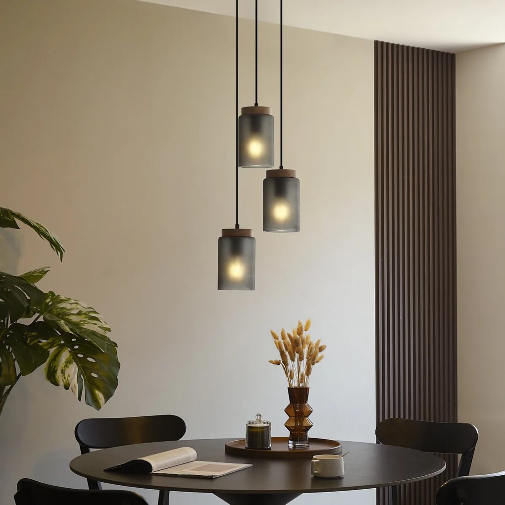 Moderné závesné svietidlo čierne s drevom a matným sivým sklom 3-Lights - Umbra