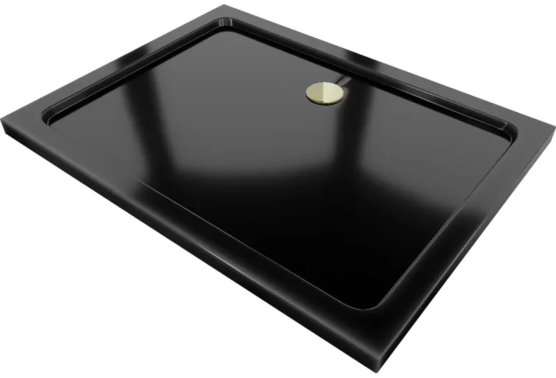 Mexen Flat, akrylátová sprchová vanička 110x80x5 cm SLIM, čierna, zlatý sifón, 40708011G