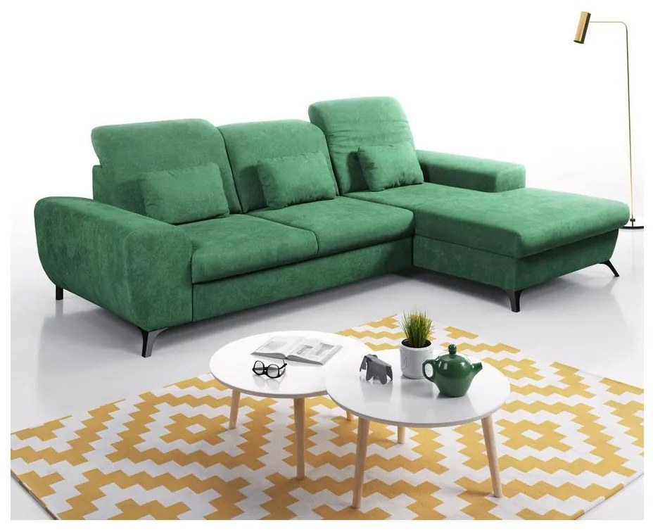 Rozkladacia rohová čalúnená sedacia súprava v tvare L s úložným priestorom ALTA, pravá, zelená