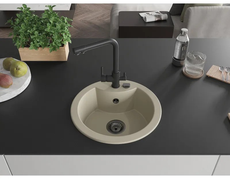 Mexen Diego, 1-komorový granitový drez 488x488x167 mm, čierna batéria Duero, béžová, 6512-69-671600-70