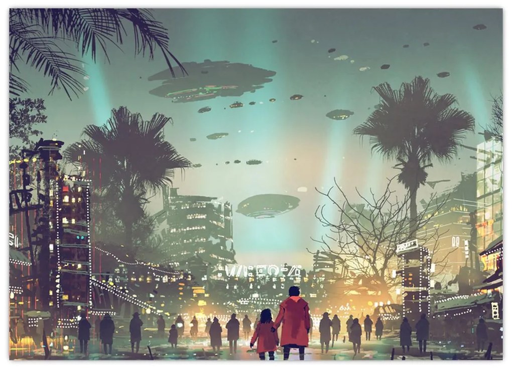 Sklenený obraz - mesto v budúcnosti (70x50 cm)