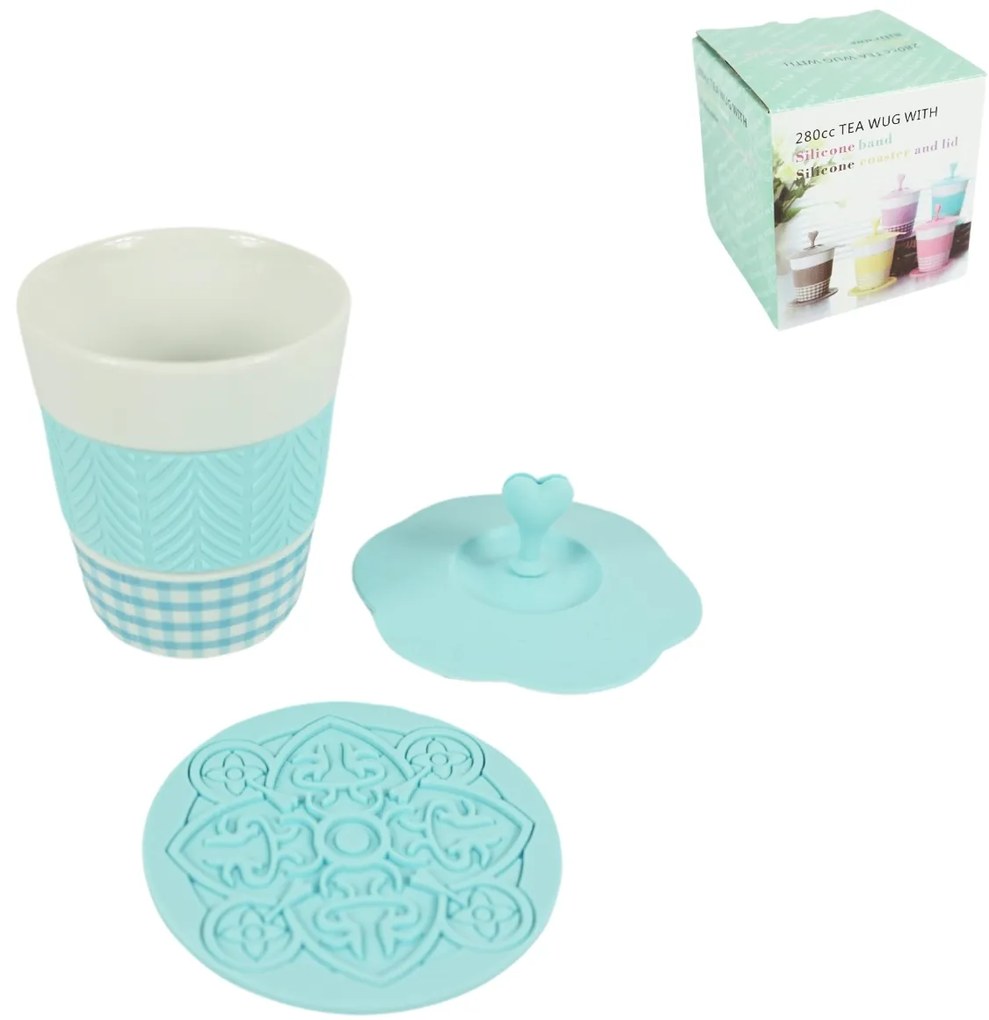 Porcelánový hrnček AQUELLE so silikónovými doplnkami 280 ml, modrý