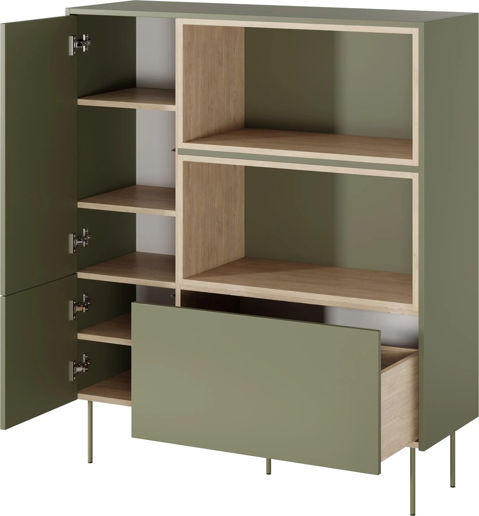 Vysoká komoda Desin 120 cm s dvoma dverami a zásuvkou - olivový / dub nagano