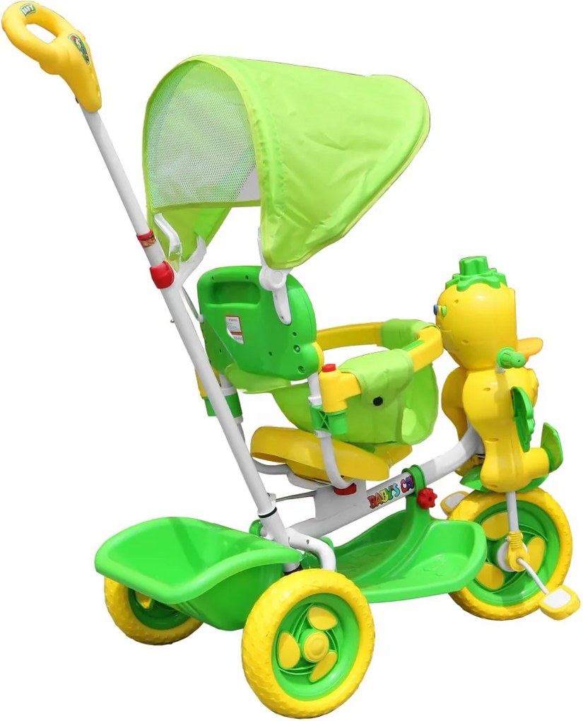 Ramiz Detský trojkolesový bicykel Duck Bike Zelená + zvuky + strieška + zábrana + opierka na nohy + riadidlá + úložný priestor