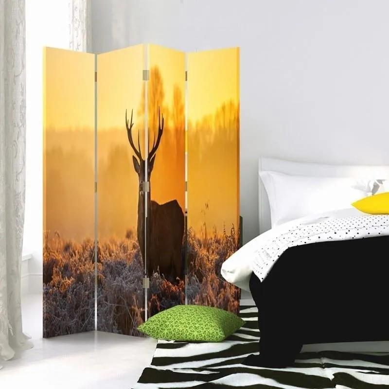 Ozdobný paraván Západ slunce s jelenem - 145x170 cm, štvordielny, klasický paraván