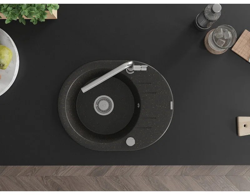 Mexen Kevin, 1-komorový granitový drez 586x458x190 mm a drezová batéria Flora, čierna-zlatá metalíza, 6517-75-670401-00