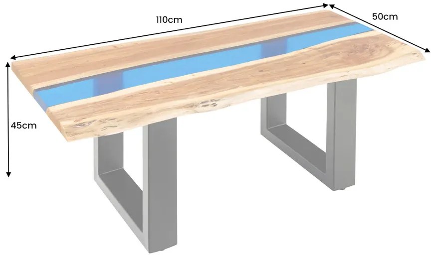 Konferenčný stolík LIQUID 110 cm akáciové drevo s modrým epoxidovým pásom