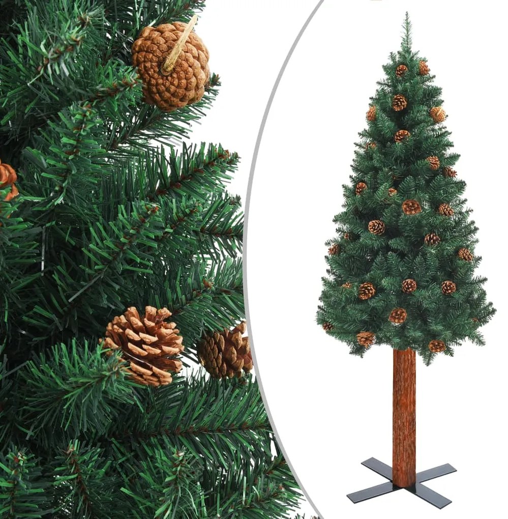 Úzky vianočný stromček s pravým drevom a šiškami zelený 180 cm PVC 320958
