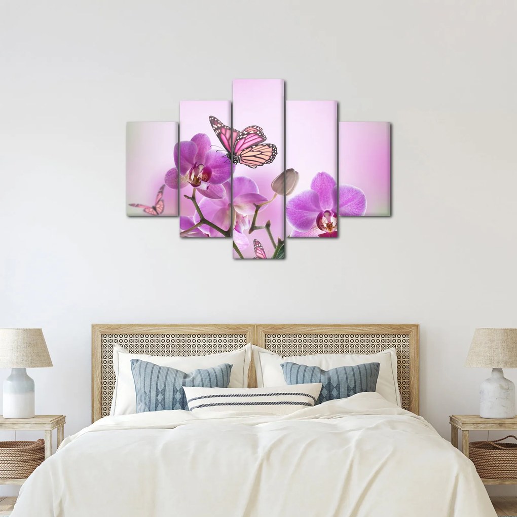 Obraz - Motýľ na kvetoch orchidey, lila (150x105 cm)