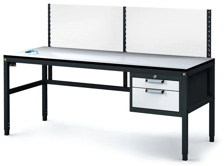 Alfa 3 Antistatický dielenský ESD stôl s perfopanelom, 2 zásuvkový box na náradie, 1800x800x745-985 mm