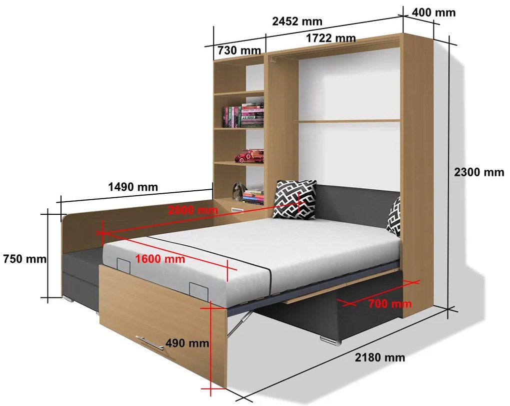 Nabytekmorava Sklápacia posteľ s pohovkou VS 21075 - 200x160 cm farba pohovky: Červená, Typ farebného prevedenia: Bielá / dvere biele LESK