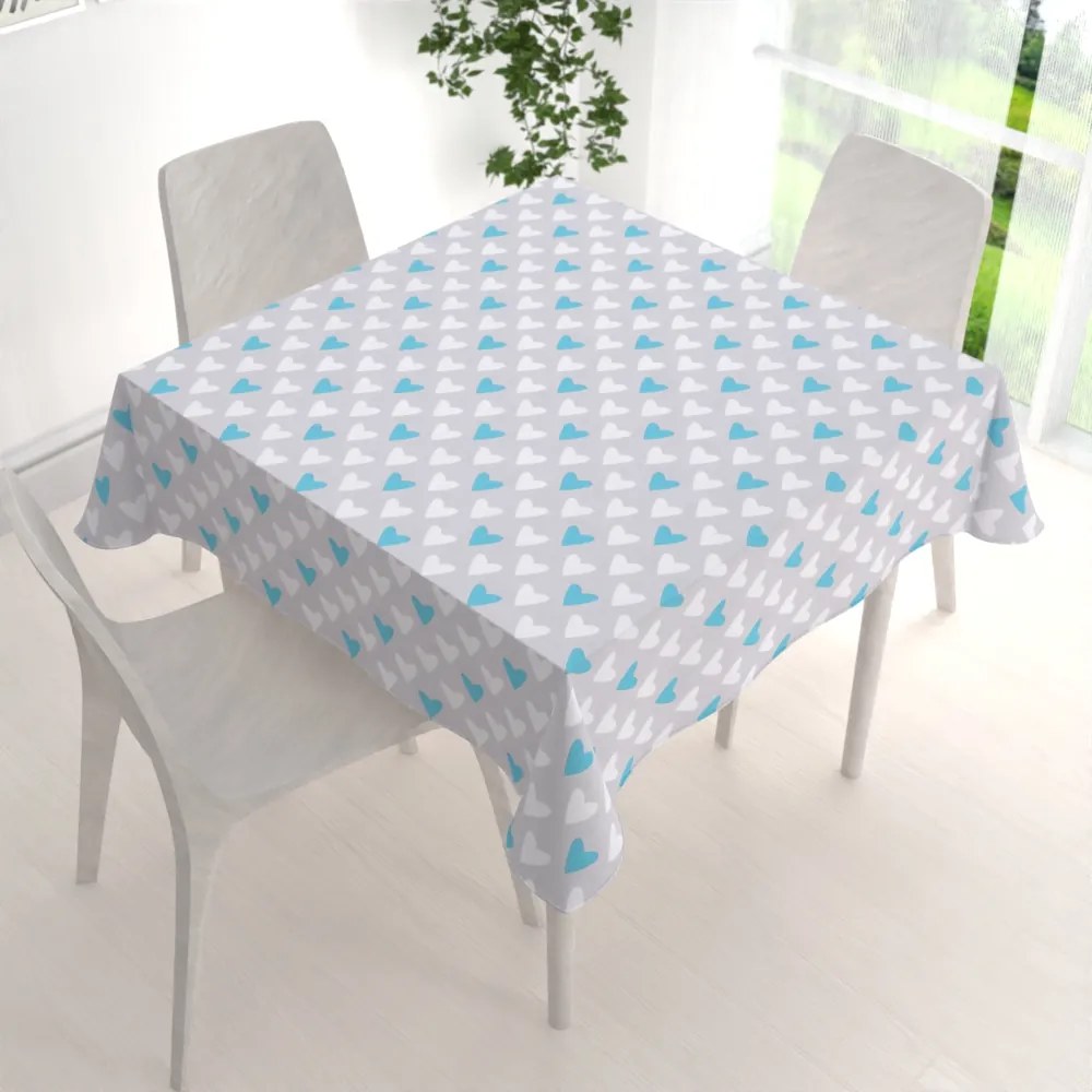 Biante Detský bavlnený štvorcový obrus Sandra SA-017 Tyrkysové srdce na sivom 60x60 cm