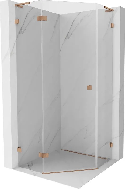 Mexen Lunar, L päťuholníkový sprchový kút naklápací doľava 80 x 80 cm, 8mm číre sklo, profil medená matná, 831L-080L-080P-65-00-L