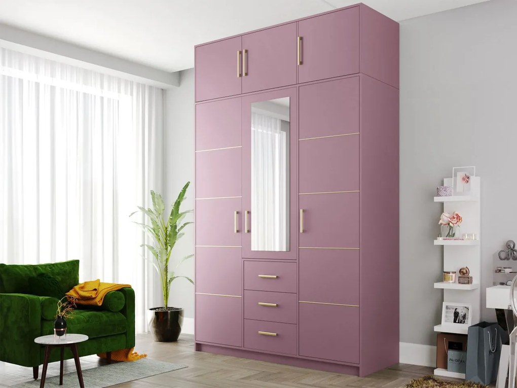 Trojdverová šatníková skriňa Lily II D3, Farby: slivka / slivka + zlatá, Nadstavec: nie