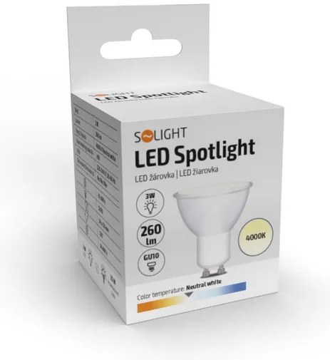 SOLIGHT LED žiarovka bodová PAR16 3W, GU10, 4000K, 260lm, studená biela