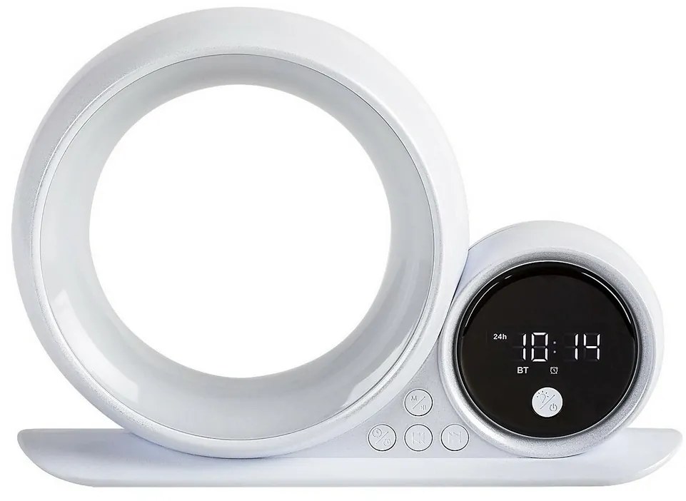 Rabalux 76109 dekoratívna stolná lampa Wakeway, s reproduktorom, RGB, hodinami a budíkom