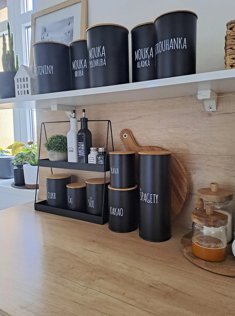Dóza na potraviny, plechová, čierna, s bambusovým vrchnákom, 2,3l, MÚKA POLOHRUBÁ