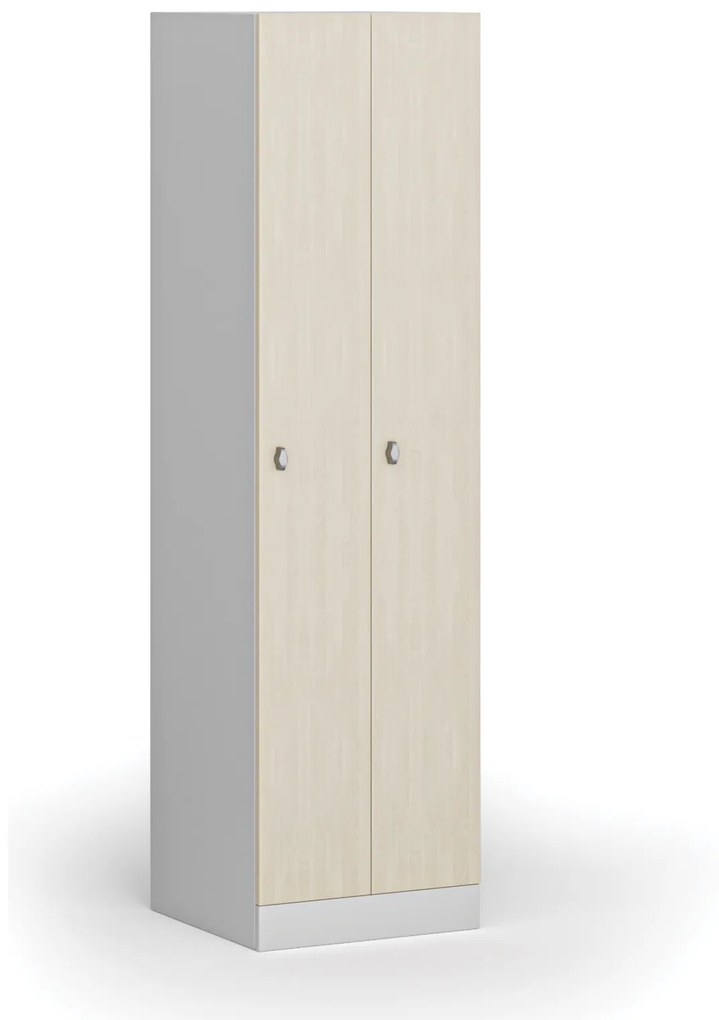Kovová šatníková skrinka zúžená, 2 oddiely, 1850 x 500 x 500 mm, otočný zámok, laminované dvere, breza