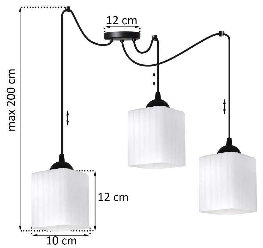 Závesné svietidlo Riffle Square Spider, 3x biele sklenené tienidlo, b