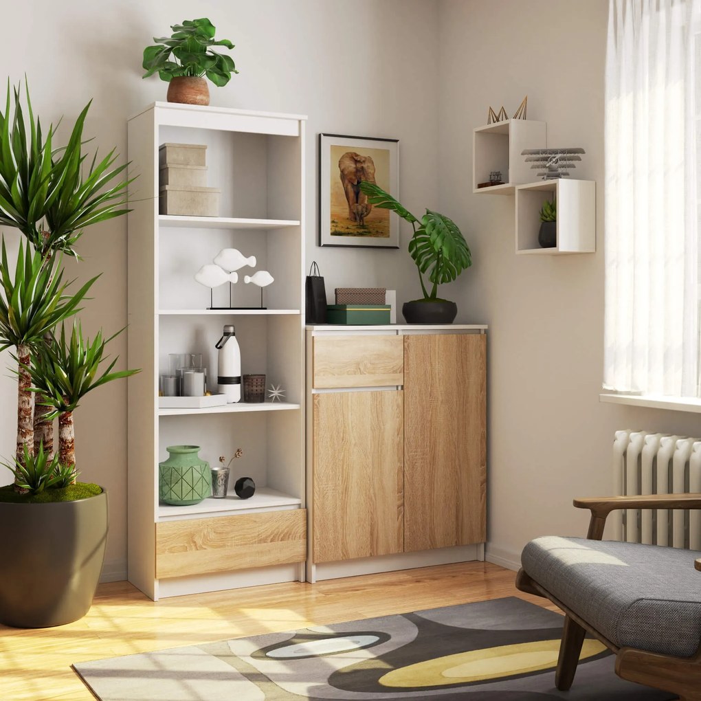 Kancelársky regál Rexa 60 cm 1 zásuvka a 4 police biely/sonoma