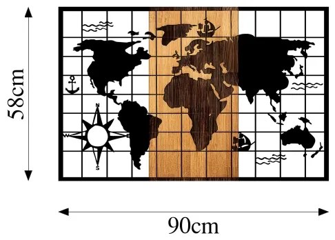 Nástenná dekorácia 90x58 cm mapa drevo/kov