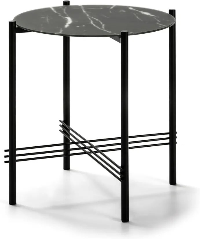 Čierny odkladací stolík so sklenenou doskou v mramorovom dekore Marckeric, ø 47 cm