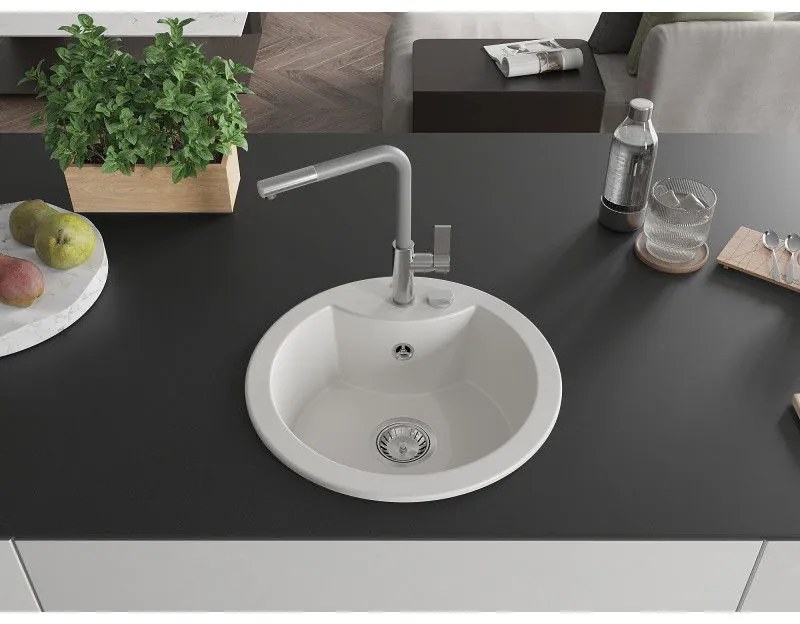 Mexen Diego, 1-komorový granitový drez 488x488x167 mm a drezová batéria Flora, biela, 6512-20-670401-06