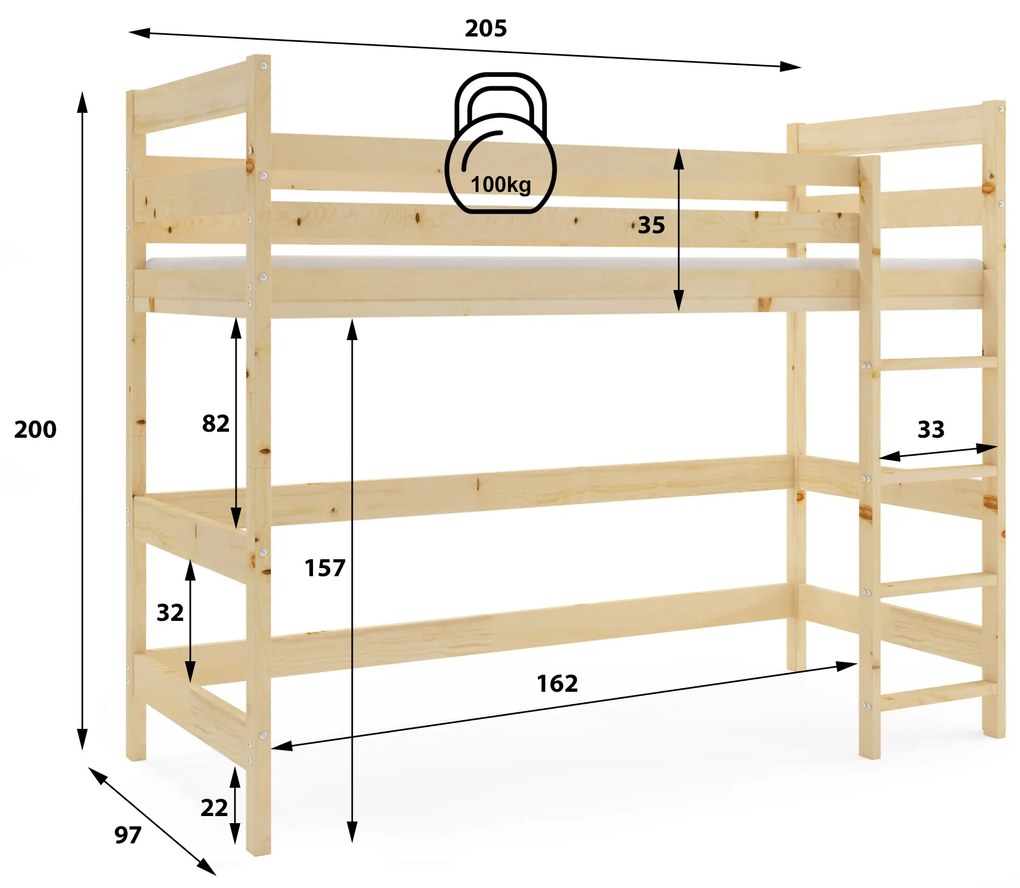 Vyvýšená posteľ z masívu ANTRESOLA 200×90 cm – borovica