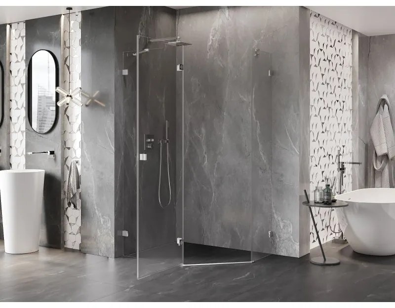 Mexen Lunar, päťuholníkový sprchový kút naklápací doľava 90 x 80 cm, 8mm číre sklo, chrómový profil, 831-090L-080P-01-00-L