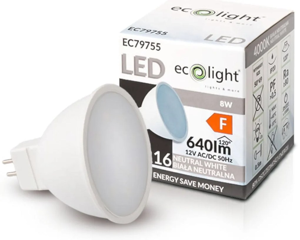 ECOLIGHT LED žiarovka MR16 12V 8W neutrálna biela