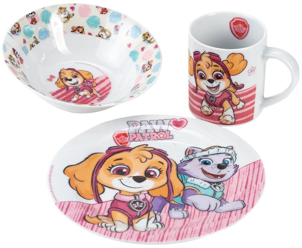 Detský porcelánový riad, 3-dielna súprava (Labková patrola/ružová) (100368556)