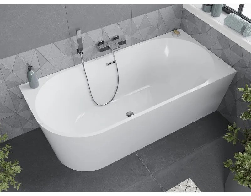 Mexen Mia, voľne stojaca rohová vaňa, pravá, 160 x 75 cm, biela, chrómový prepad, 52691607500P-01