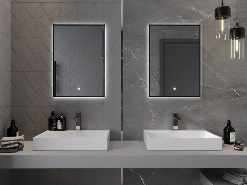 Mexen Erma LED podsvietené kúpeľňové zrkadlo 50 x 70 cm, LED 6000K, anti-pára, čierny rám - 9814-050-070-611-70