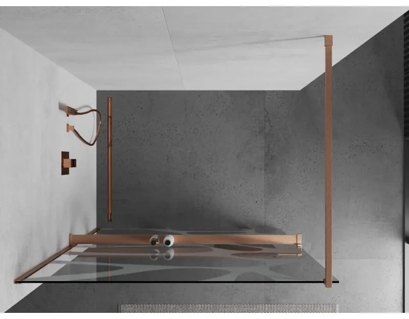 Mexen Kioto+, sprchová zástena Walk-In s poličkou a vešiakom 120 x 200 cm, 8mm číre sklo biely vzor, medený matný profil, 800-120-121-65-97