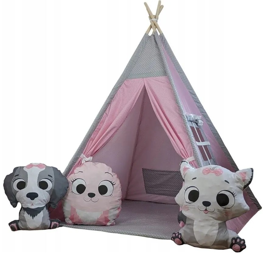Detský stan TEEPEE (TÝPIE) ANIMALS s doplnkami - RUŽOVÁ PARTIČKA - ružový/sivý