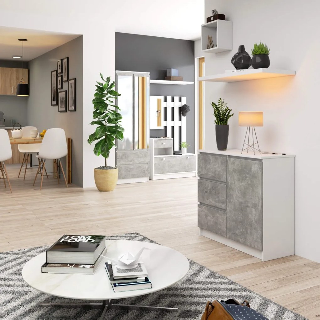 Komoda JERRY K 80 cm 1 dvere 3 zásuvky biela/betón