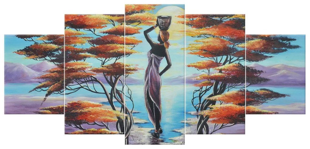 Gario Ručne maľovaný obraz Africká žena s košíkom - 5 dielny Rozmery: 100 x 70 cm