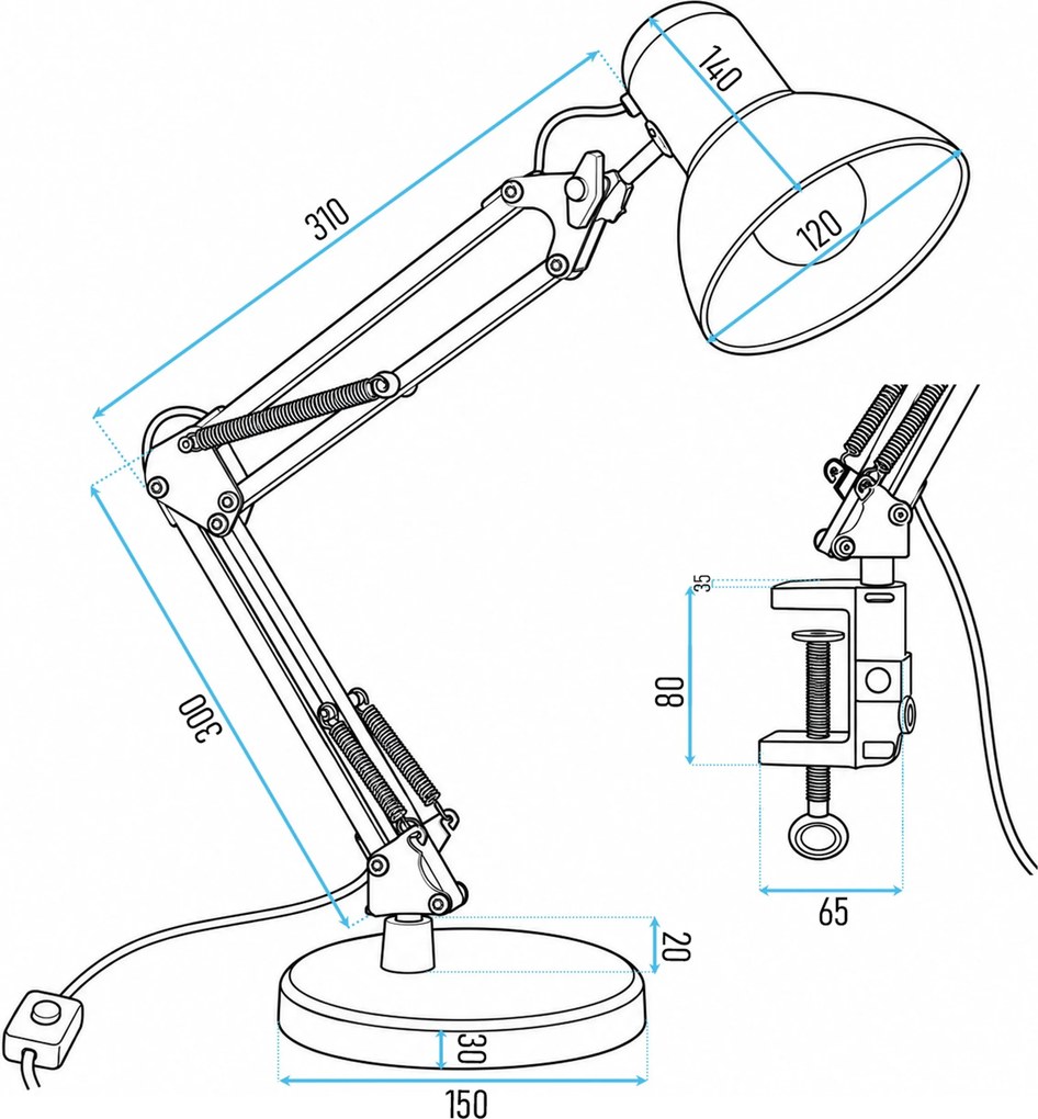Toolight Toolight, JNH043-1TD, stolná lampa 2v1 s podstavcom a svorkou, 1× E27, čierna, OSW-56234