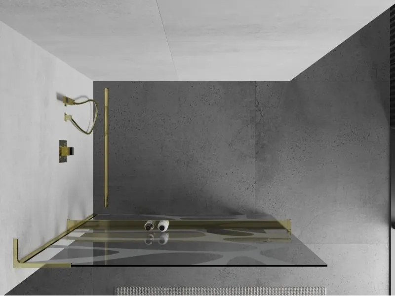 Mexen Kioto+ L, sprchová zástena Walk-In s poličkou a vešiakom 80 x 200 cm, 8mm číre sklo biely vzor, zlatý lesklý profil,800-080-123-50-97