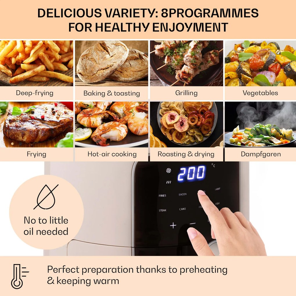 Klarstein Crisp-Pro, teplovzdušná fritéza, 1400 W, 3,5 l, 8 programov, časovač