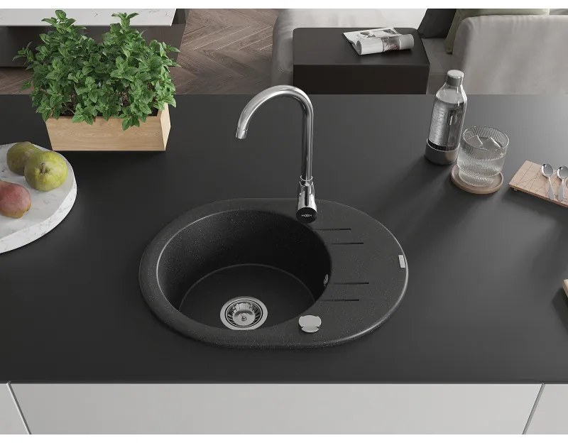 Mexen Kevin, drez granitový 586x458x190 mm, 1-komorový a chróm batéria Telma, čierna - strieborná metalíza, 6517-73-670200-50