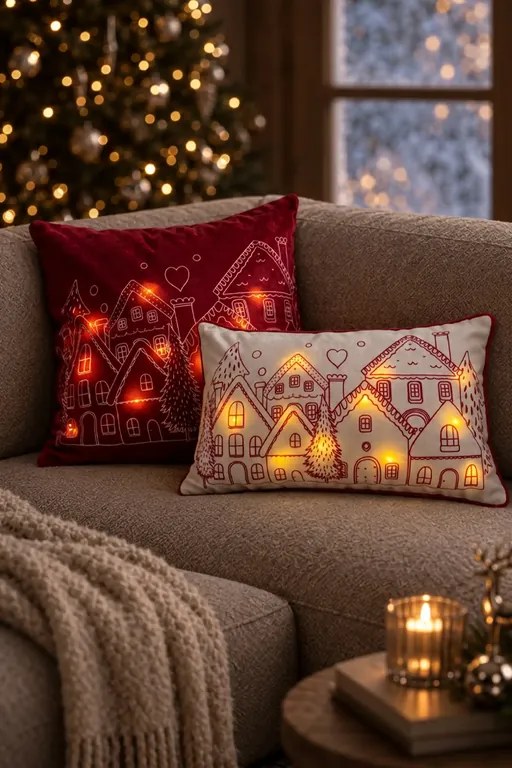 Velúrová obliečka na vankúš HOUSES LED biela 30x50 cm