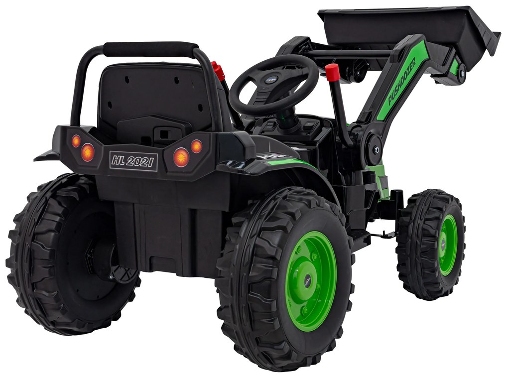 Zelený detský traktorový bager na batérie + pohyblivé rameno + diaľkové ovládanie + pomalý štart + FM rádio + LED