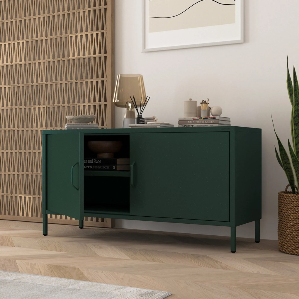 TV skrinka kovová na nožičkách fľaškovo zelená, 1150x595x400 mm: ROSA Modern
